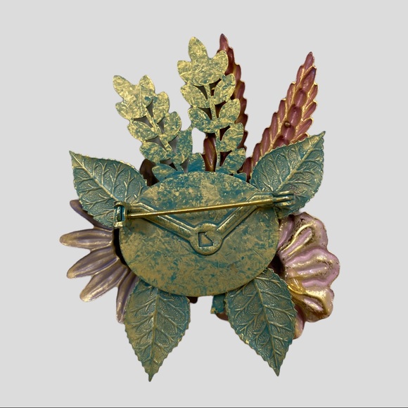 Vintage Purple Pink Green Pastel Painted Metal Brooch - Picture 2 of 5